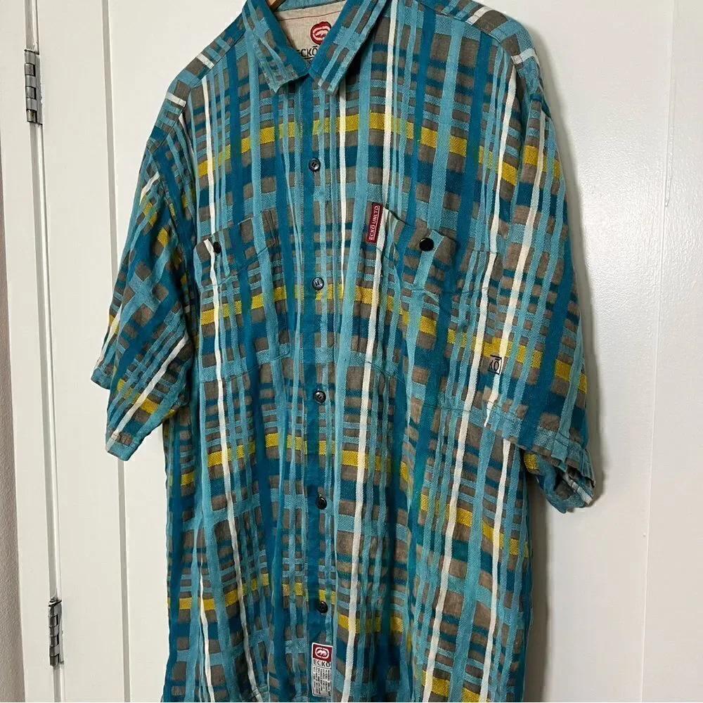 Ecko Unltd Shirt Mens XL Blue Plaid Button Up Short Sleeve Pockets Outdoor Logo